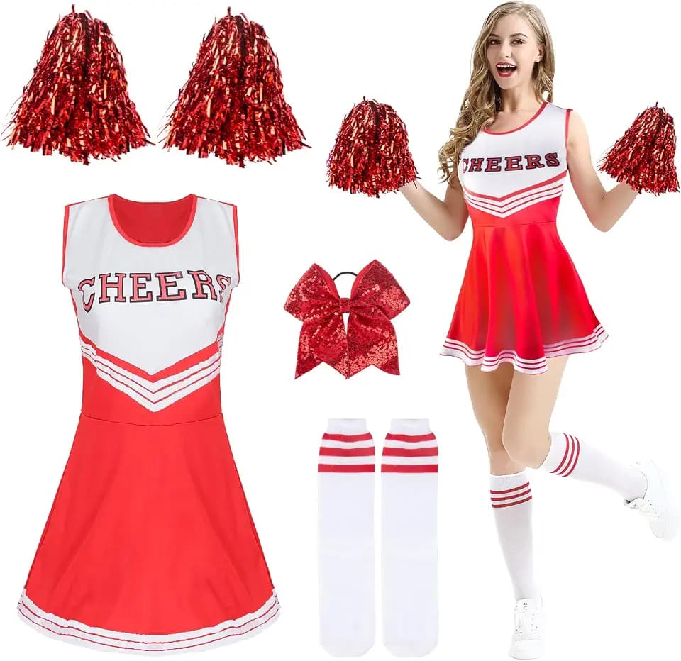 Cheerleader Kostüm Damen, Cheerleader Outfit Cheerleader Kostüm mit Cheerleader Pompons und Socken, Superstar Cheerleader Costume für Karneval Kostüm Damen und Partei