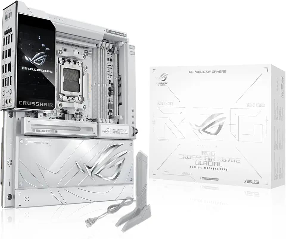 ASUS ROG Crosshair X870E Glacial AM5 E-ATX Motherboard, DDR5, DIMM Fit, WiFi 7, PCIe 5.0, 7X M.2, 2X 10Gb LAN, 5” LCD, AIO Q-Connector, AI Cache Boost