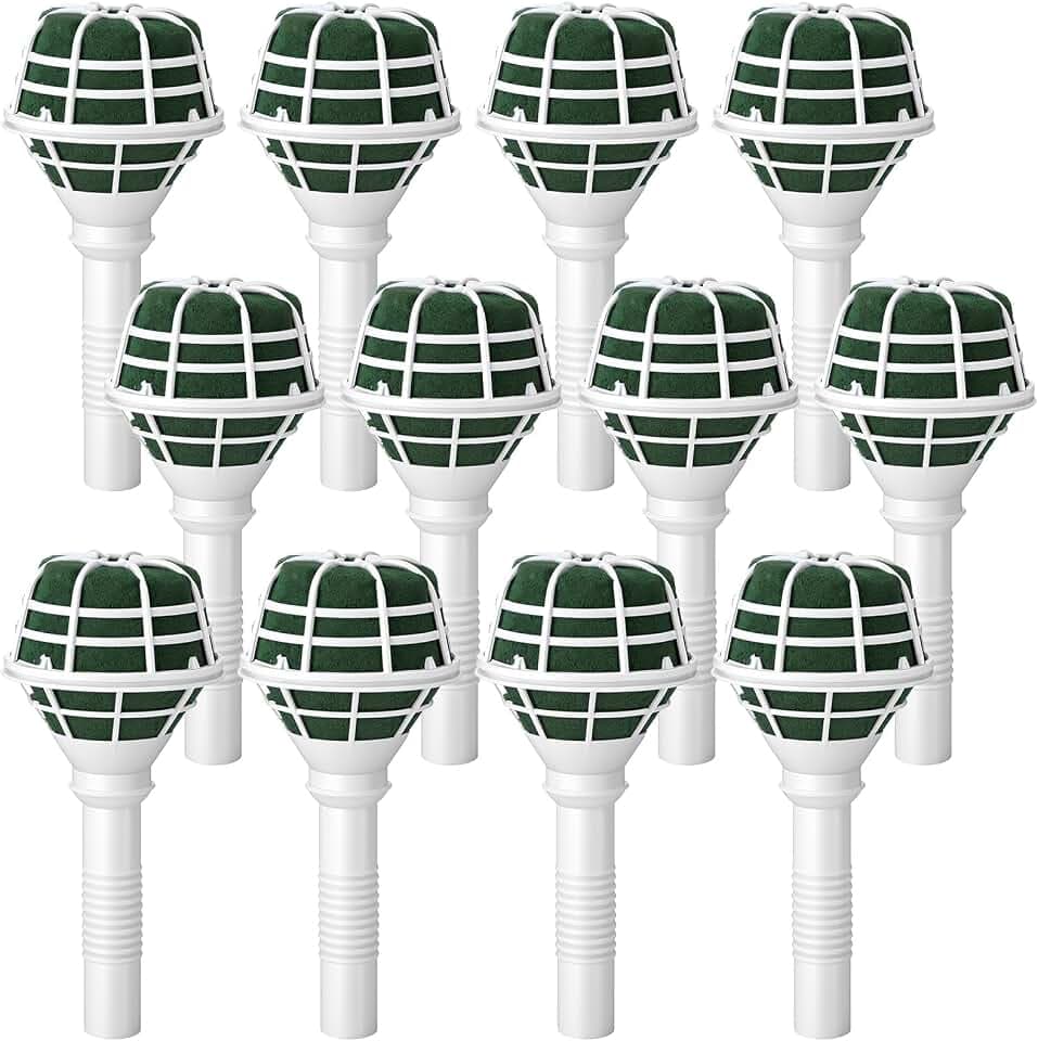 12 PCS Bouquet Holders, Floral Foam Handle with Cage for Fresh & Artificial Flowers, Wedding Bridal Bouquet Supplies for DIY Arrangements (Green Foam, White Handle)