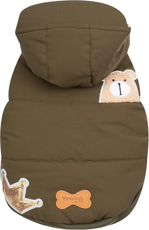 Warme, gefütterte Jacke für Hunde, Komfortjacke klein 30 cm, Verstellbarer Clipverschluss, abnehmbare Kapuze und Loch für Leine. Ausgestattet mit einem Knopf zur Befestigung an der