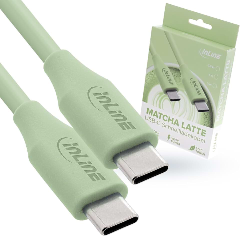 InLine Colour your Charge USB C Kabel 100W, PD Schnellladekabel, Silikon Ladekabel, flexibel, für iPhone Air 17 Pro 16 15 iPad Galaxy S23 Pixel Tablets, 1m, Matcha Latte (grün), 35891G