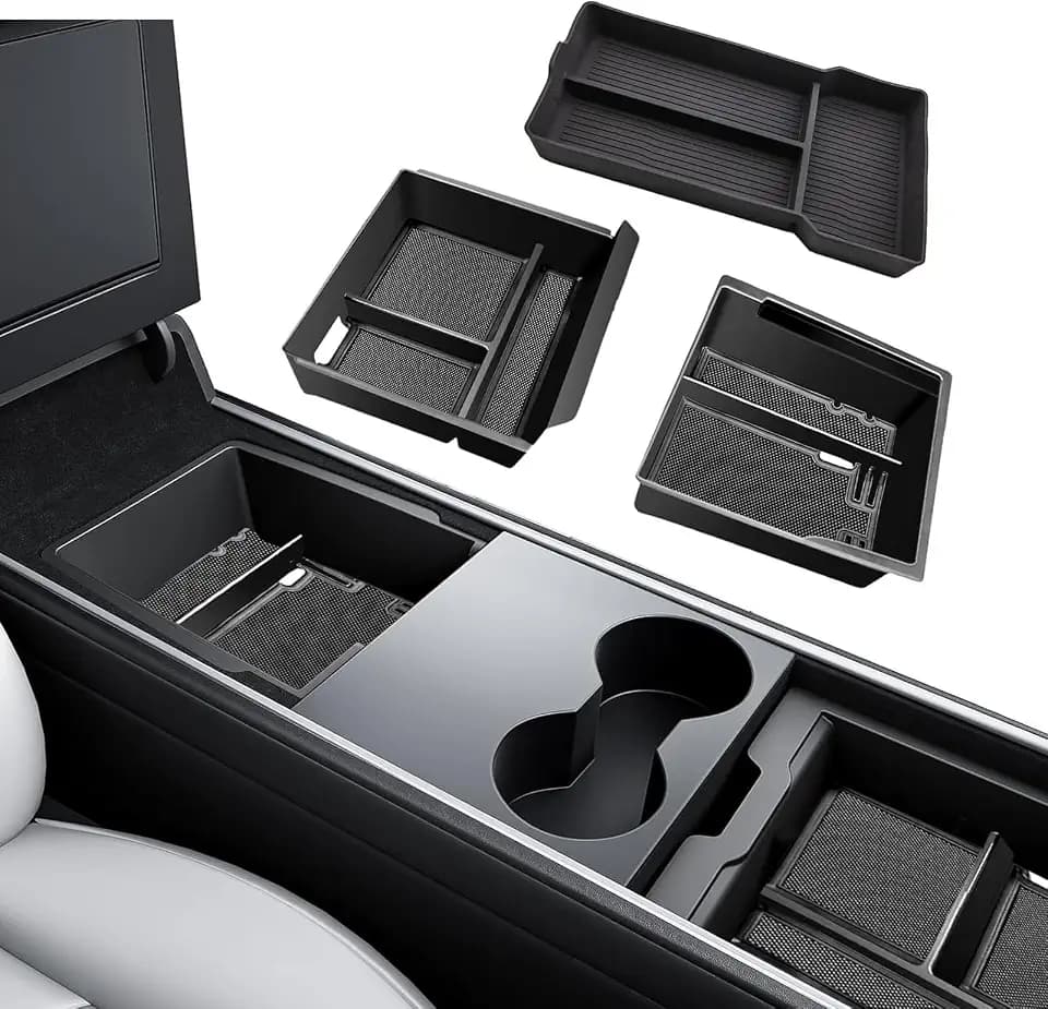 Console Organizer for Tesla Model Y Juniper Model 3 Highland 2024 2026 3PCS Center Console Tray Armrest Hidden Storage Box Cup Holder Insert Mat for Tesla Model Y L 2026 Model 3 2024 2025