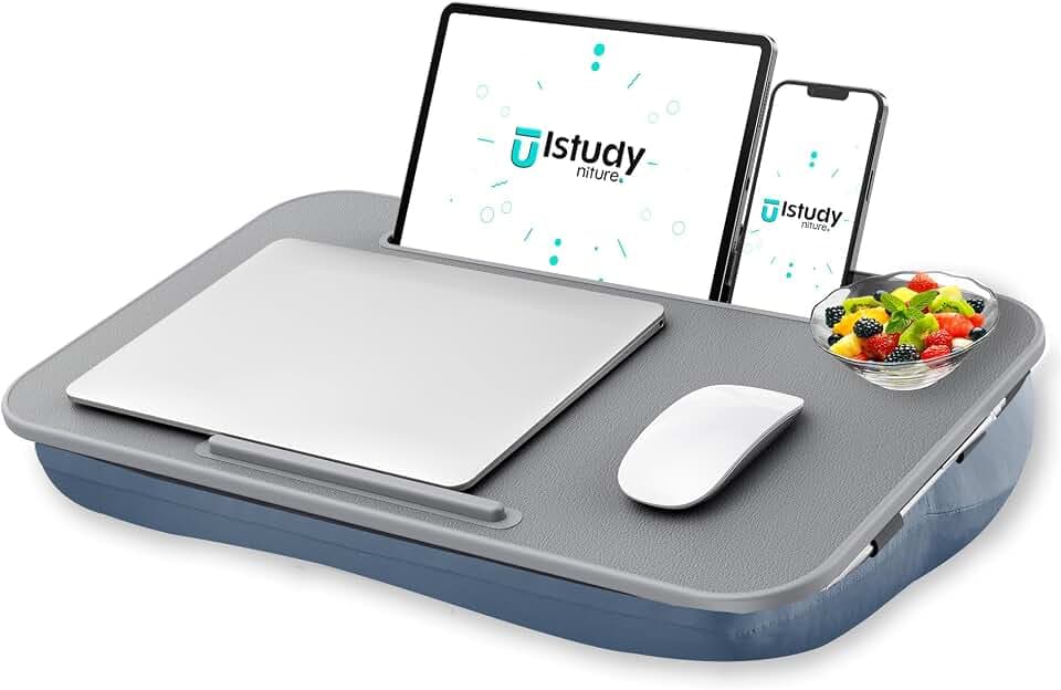 Istudyniture Lap Desk | Portable Laptop Desk & Stand – Fits Up to 17 inch – Washable Cushion, Built-in Phone Holder – for Bed, Couch, Sofa, Floor – Writing, Reading, Home Office – Large, Grayish Blue