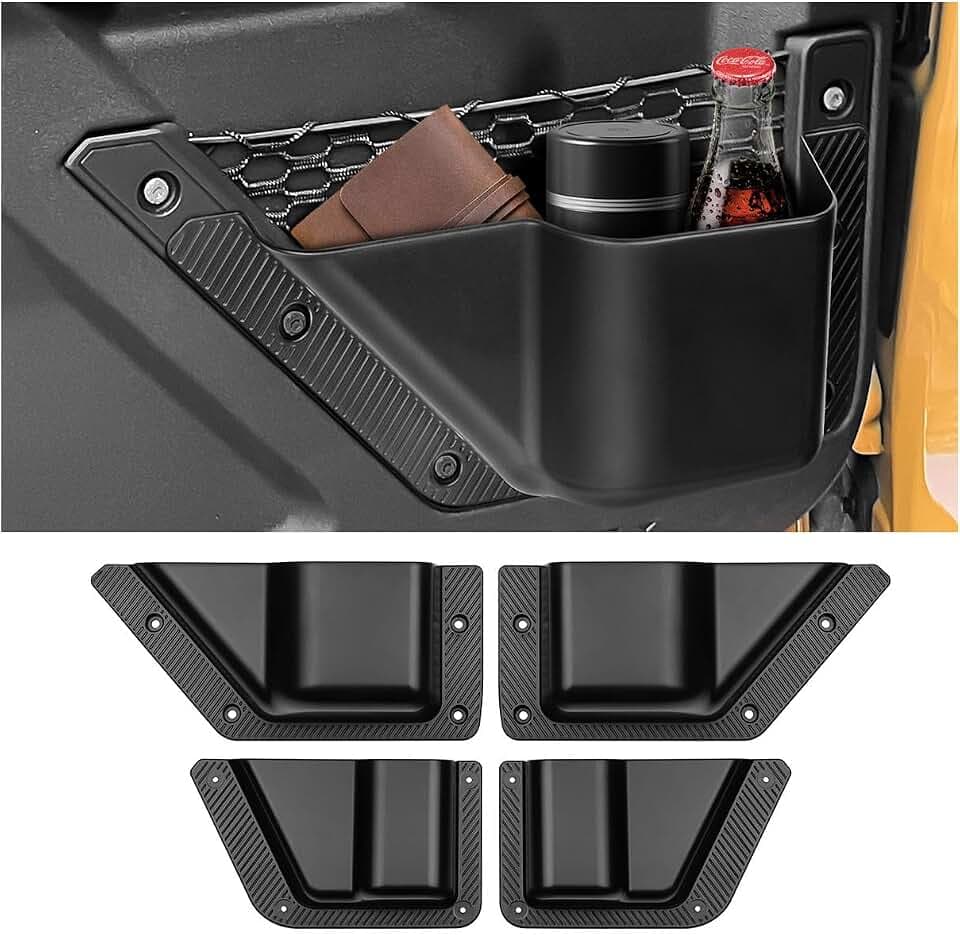 4PCS Front Rear Door Storage Pockets Compatible with 2021-2025 2026 Ford Bronco 4 Door Accessories Side Door Organizer Box Cup Holder (Not Sport)