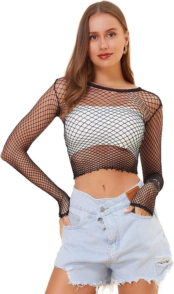 Lemon Girl Damen-T-Shirt, langärmelig, Babydoll, Netzstoff, Größe 36-46