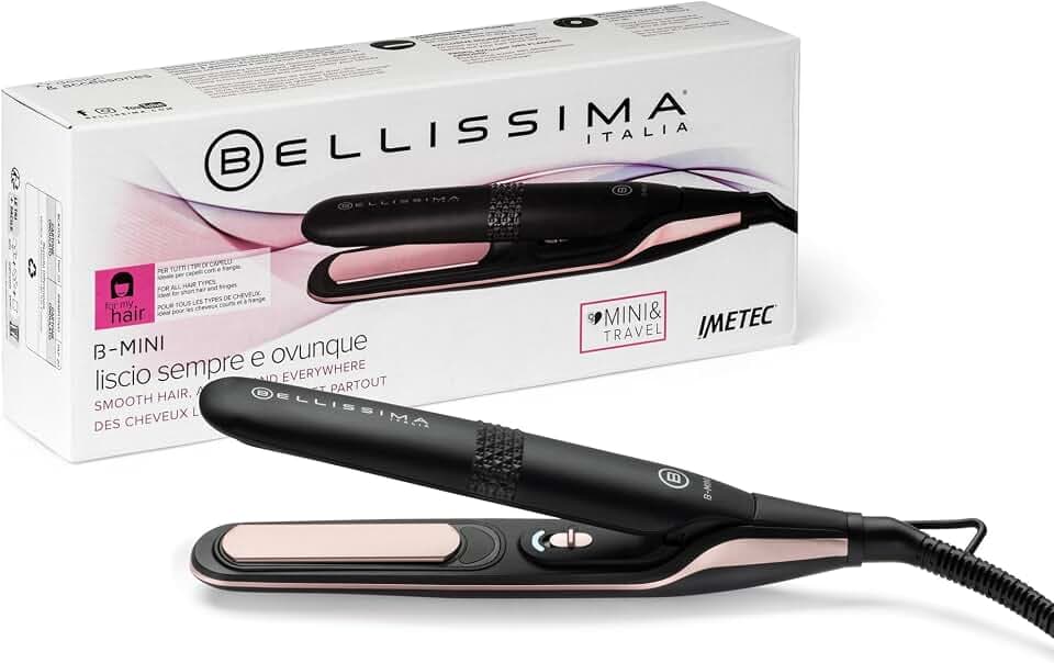 Bellissima Mini-Haarglätter für Tasche und Reisen, Glätteisen für glattes Haar jederzeit, überall, kompakt, leicht, Keramikbeschichtung, Temperatur 200 °C, automatische Mehrfachspannung, Beauty Bag