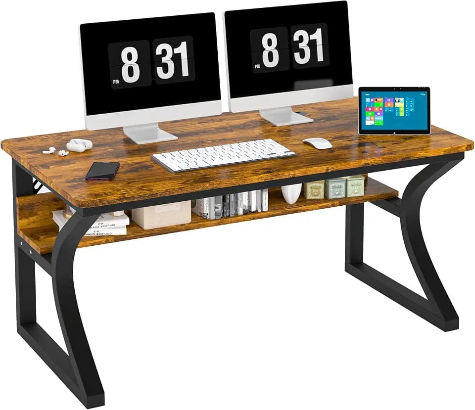 Computer Desk, 55 x 20in Computer Desk, Office Desk w/Storage, Home Office Desks for Gaming Study Writing Work, Sturdy Metal Frame, Large Legroom, Waterproof, Scratch-Resistant, Rustic Brown