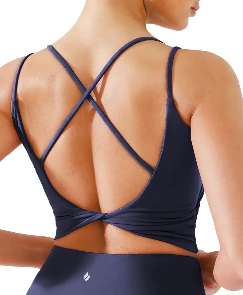BRXL Womens Twist Back Sports Bra Buttery Soft Low Impact Yoga Bra Removable Pads Scoop Neck Crop Top Pilates Lounge