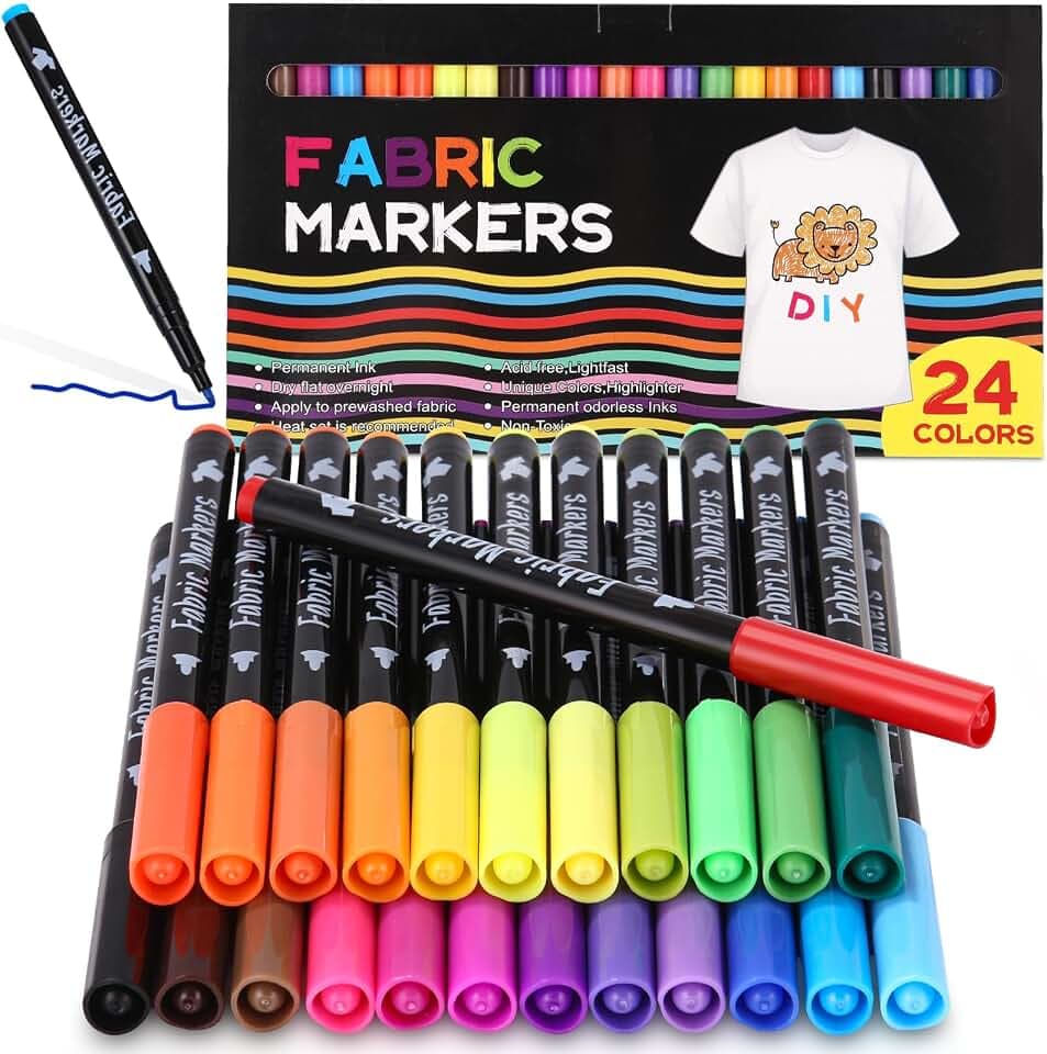 24 Textilstifte Waschmaschinenfest, Textilmalstifte, 24 Farbe Stoffmalfarben für Junge Mädchen, Stofffarbe Textilmarke für T-shirt, Stoffbeutel, Hüte, Einkaufstasche, Segeltuchschuhe, DIY Basteleie