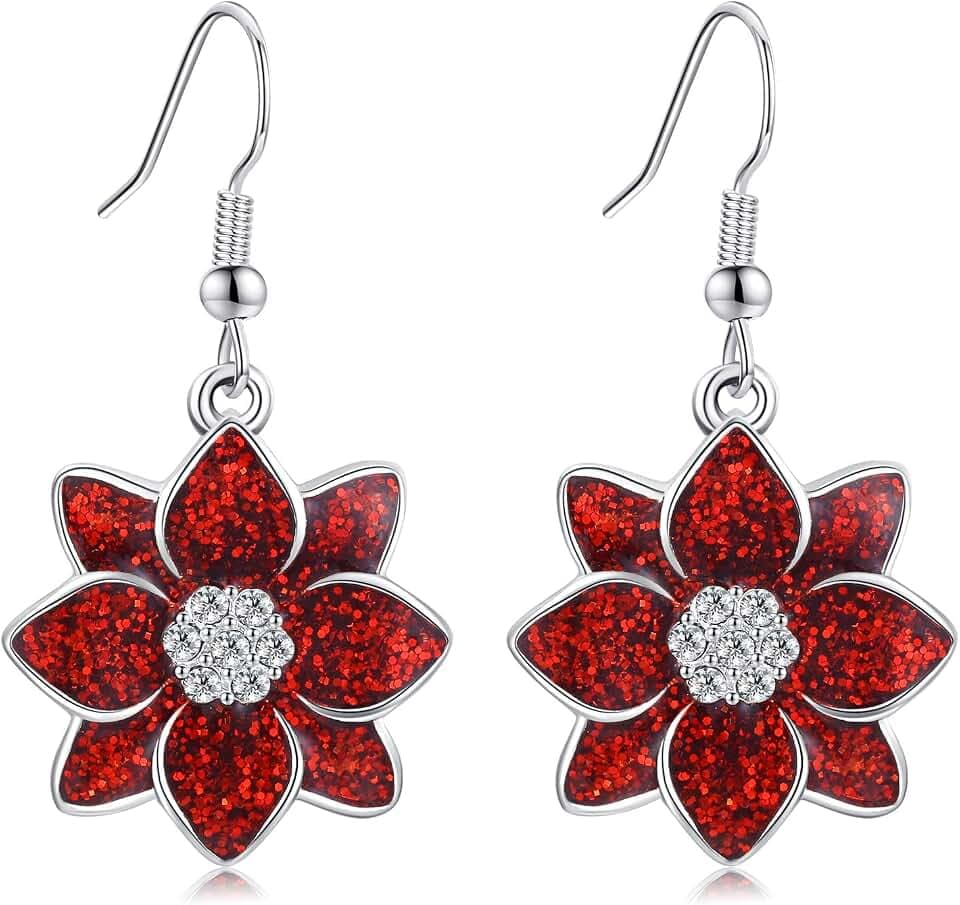 Poinsettia Christmas Flower Dangle Earrings Silver Plated Sparkling Crystal Christmas Earrings Gifts Holiday Party Decorations with Message Card & Velvet Bag