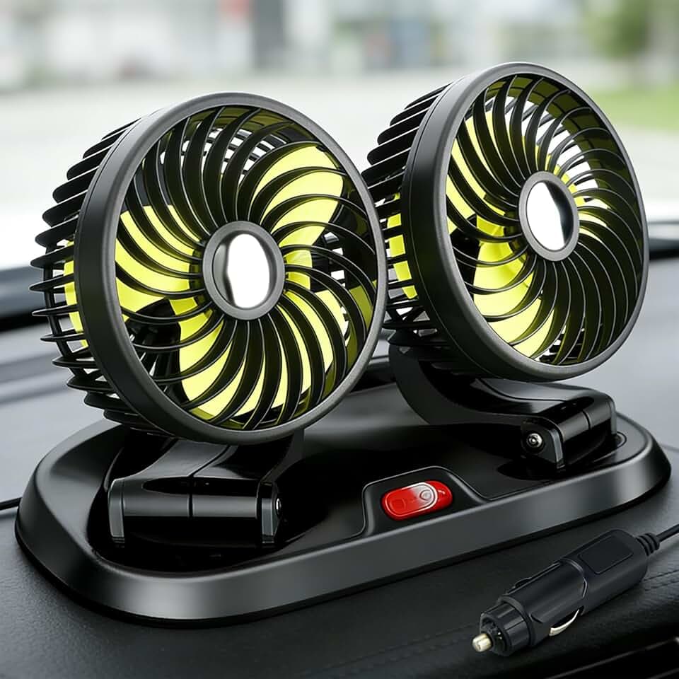Auto Ventilator, 12V Auto Kfz Lüfter 360 °Drehbarer, Kfz Kühlender Ventilator Zigarettenanzünder für Armaturenbrett Tischventilator Ventilator Lüfter Saugnapf Klein Ventilator für LKW SUV (Doppelkopf)
