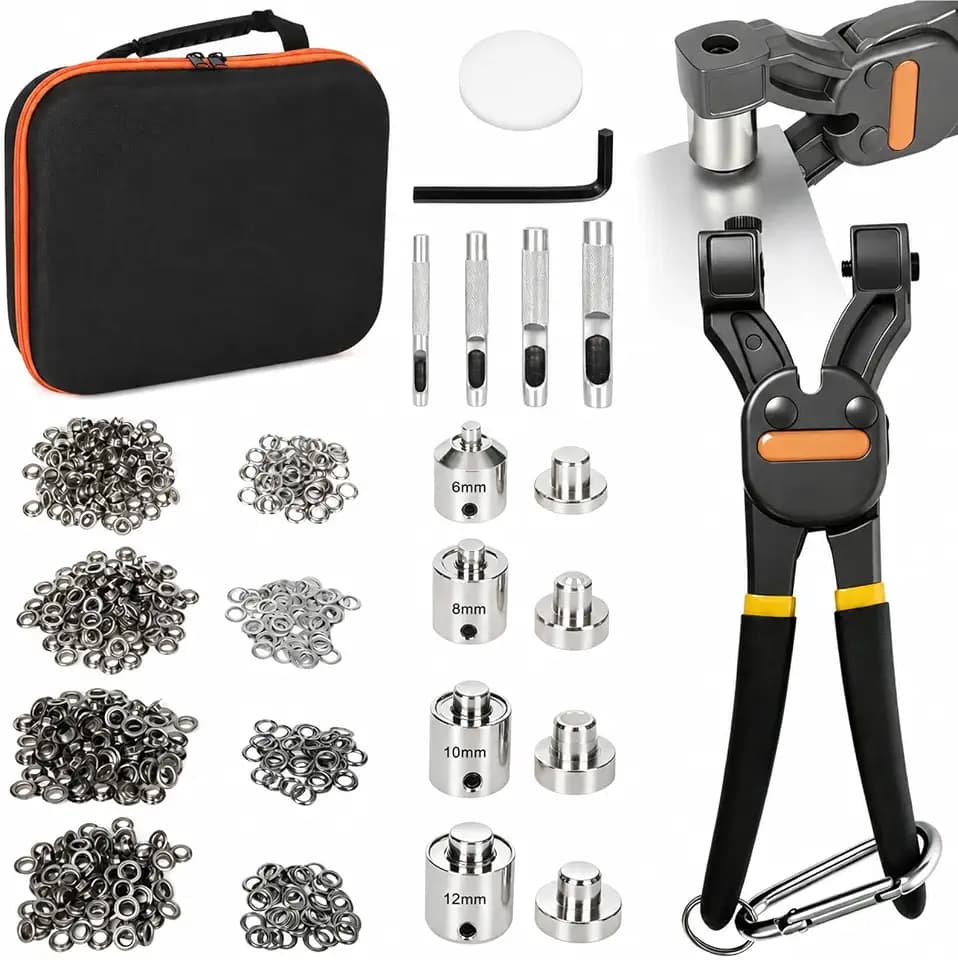 Ösenzange Set mit 400 Ösen, 6/8/10/12 mm Lochösen Zange, Professionelle Lochzange für Leder Stoff Planen Zelt Markisen, Doppelrichtung Nietzange mit Aufbewahrungskoffer