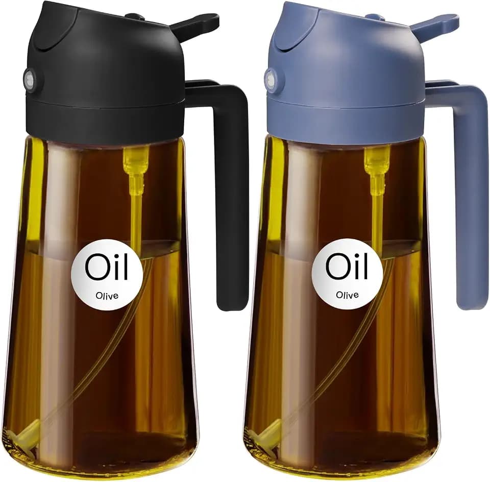 YARRAMATE 2 Stück 470ml Ölsprüher zum Kochen, 2-in-1 UV Schutz ölzerstäuber für die Küche, Bernstein Glasölflasche, Lebensmittelechter Sprühflasche für die BBQ (schwarz & marineblau)