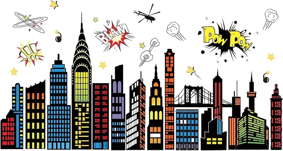 Wandtattoo Skyline Stadt Comic Wandaufkleber Superhelden Hochhäuser Bunte Wolkenkratzer Selbstklebend Wandsticker für Kinderzimmer Jungenzimmer Spielzimmer Wanddeko