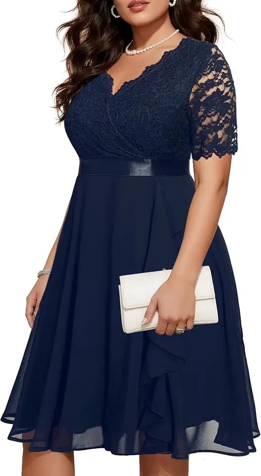 Talisea Plus Size Wedding Guest Lace Chiffon Ruffle Tea Length Dress
