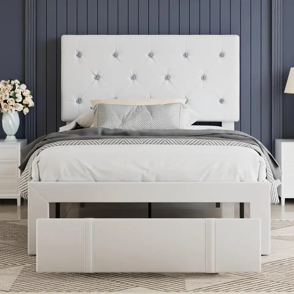 VECELO Twin Size Bed Frame with Storage Drawers, Leather Upholstered with Diamond Tufted Headboard, Solid Wood Slat Support, No Box Spring Needed, PU & White