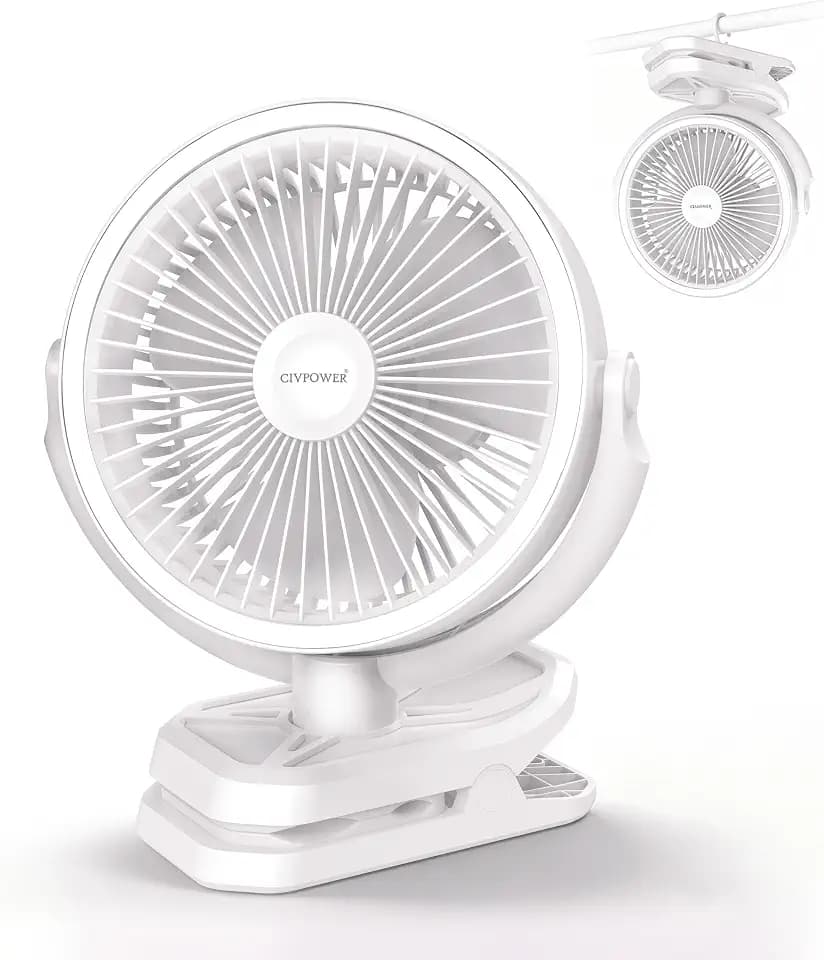 Clip on Fan 16000mAh: Portable Rechargeable Clamp Fan for Stroller Bed Camping Tent Golf Cart - Quiet Battery Operated with 3 Speed Strong Airflow LED Light Hook for Office Desk Outdoor (White)
