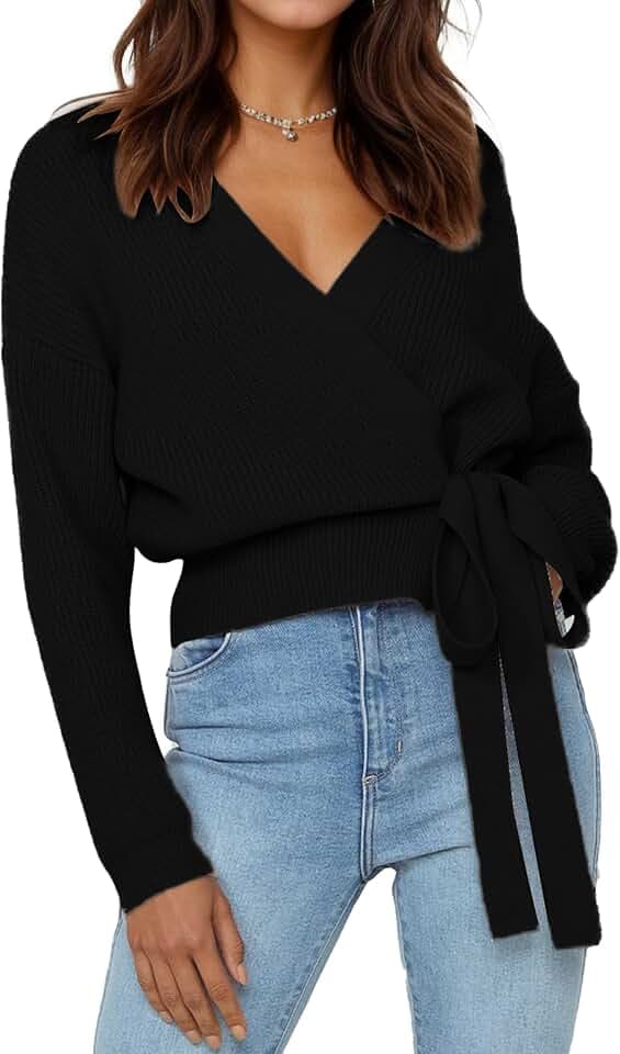 Wrap Tops for Women Fall Winter V Neck Cropped Tie Front Sweater