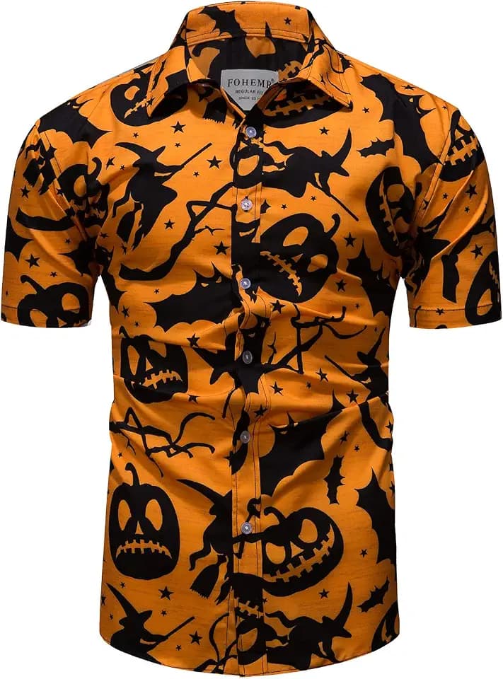 fohemr Mens Halloween Pumpkin Short Sleeve Hawaiian Holiday Party Shirt