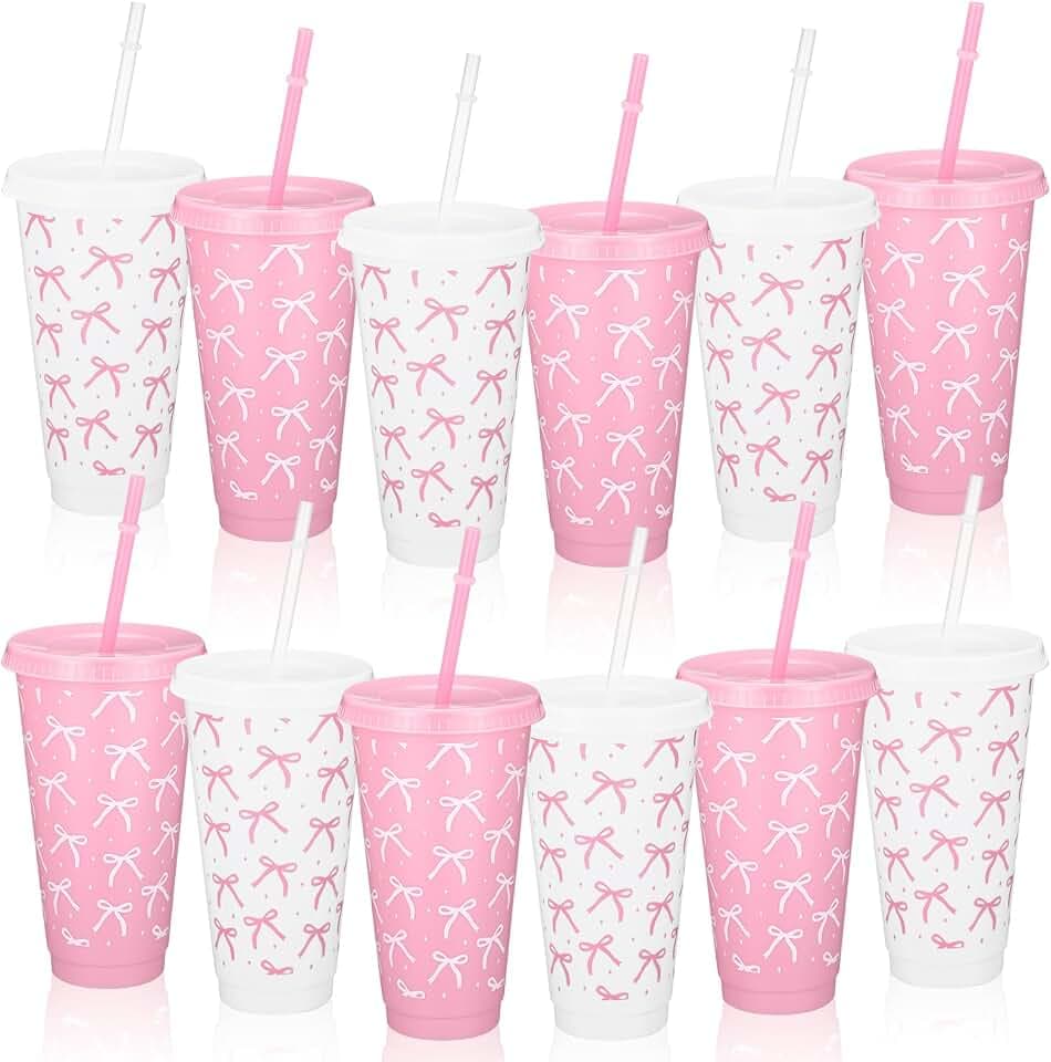 Pickmesh 12 Pcs 24 oz Pink Bow Plastic Cups with Lids and Straws Coquette Bachelorette Party Supplies Pink Bow Reusable Tumbler Bulk for Bachelorette Birthday Party Decoration