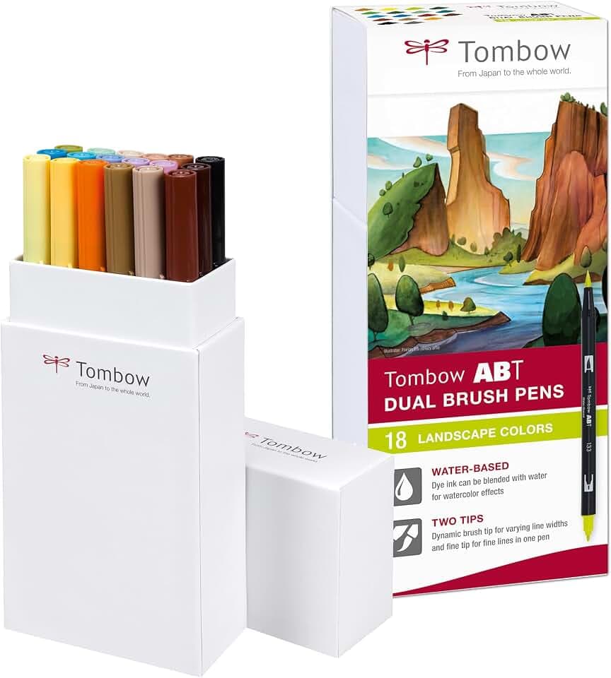 Tombow ABT Dual Brush Pen, Landschaftsfarben, 18er Set, Stifte mit zwei Spitzen, perfekt fürs Hand-Lettering und Bullet Journal, wasservermalbar [ABT-18P-6]