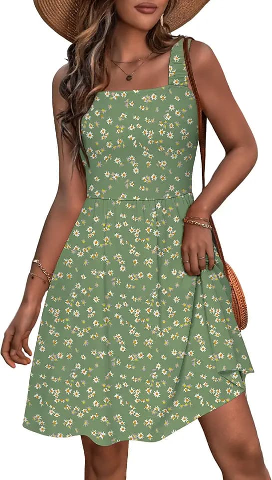HUHOT Women's Summer Casual Square Neck Dress with Pocket Cute Short Dress