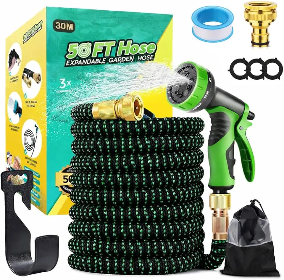 Flexibler Gartenschlauch 30m/100FT, Leichter Wasserschlauch Flexibel mit 3-Fach Latexkern, 10-Funktionsschlauchdüse, 3/4" und 1/2" Zoll Messinganschlüssen, für Gartenarbeit, Waschen und Gießen