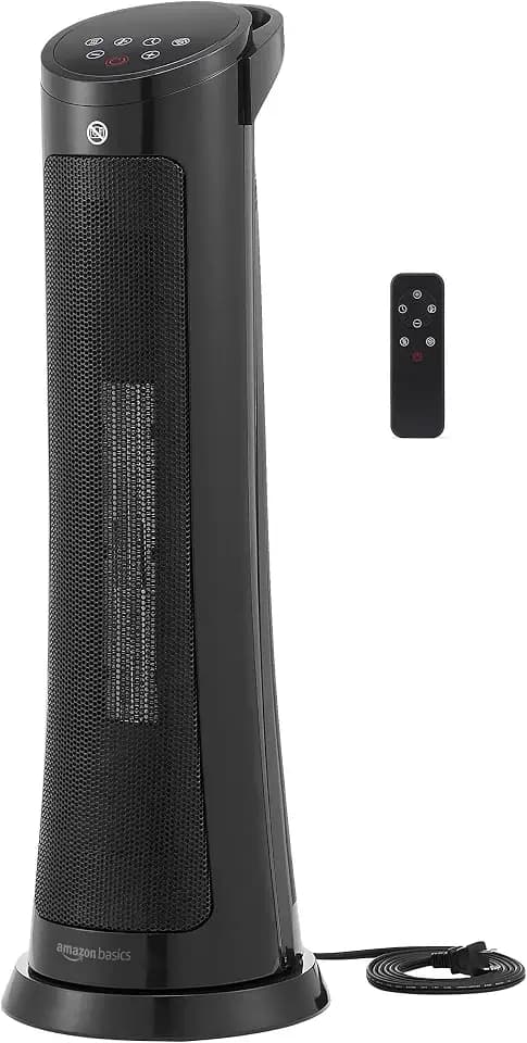 Amazon Basics 28-Inch Oscillating Tower Heater With Overheat and Tip-Over Protection, Fast Heating, 2 Heat Settings, Fan Mode, Timer, Remote Control, LED Display, 1500W, 9.4"D x 9.4"W x 28.6"H, Black