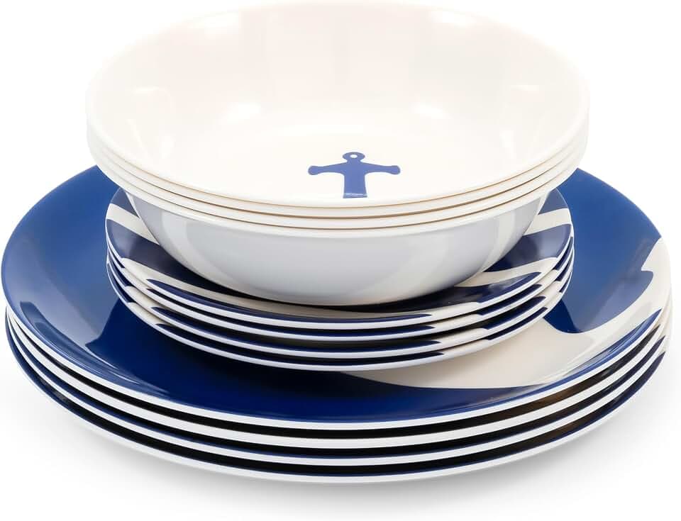 Camco 12 Piece Melamine Dishware Set - Features Blue and White Nautical Design - Includes 4 Bowls, 4 Salad Plates, & $ Dinner Plates - Dishwasher Safe Dish Set (41951)