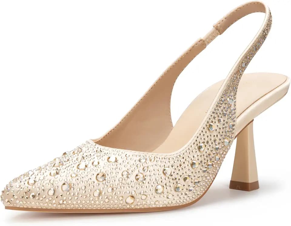 Women’s Wedding Shoes for Bride, 2.5 Inch Kitten Heels, Slingback Pumps, Rhinestone and Embroidered Bridal Heels, Elegant Dress Shoes for Evening and Parties