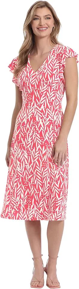 London Times Women's London Times Women's Dresses Leaf Print V-Neck Ruffle Sleeve Dress