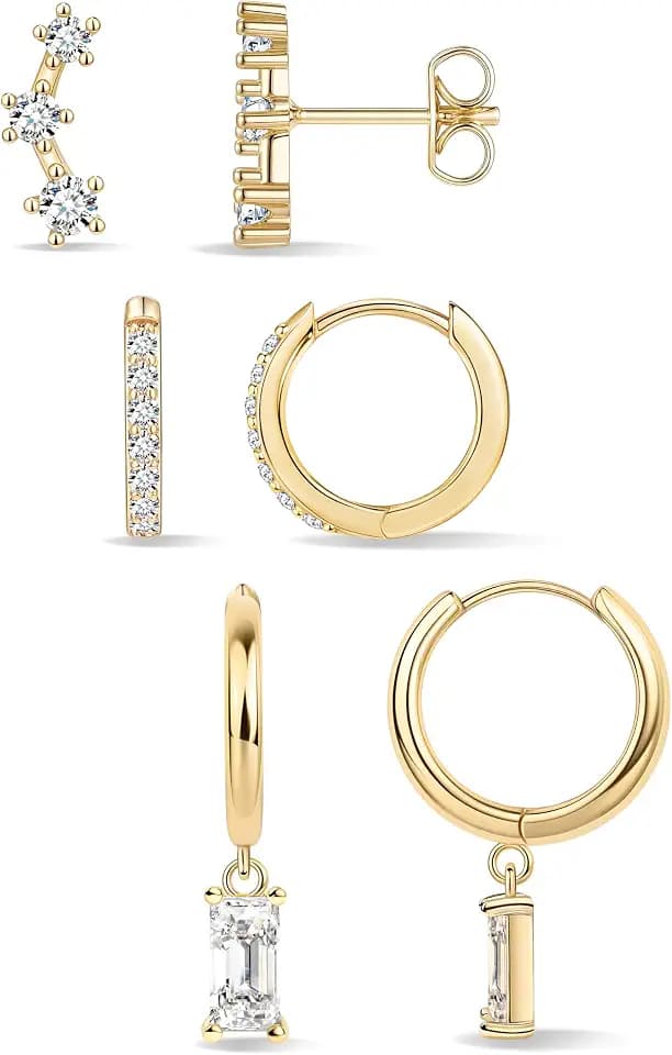 Poxtex Small Sterling Silver Huggie Hoop Earrings Set for Women, Hypoallergenic 14K Gold Plated Hoops Stacks for Multiple Piercings, Dainty Cute Mini Lightweight Cartilage Studs Trendy Jewelry Gift