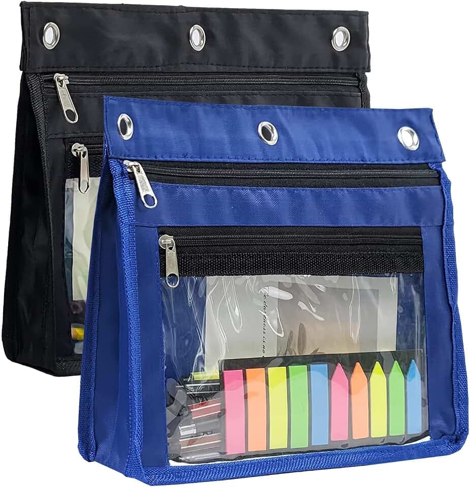 YoeeJob 2 Pack Expandable Pencil Pouches for 3 Ring Binders, Black+Blue