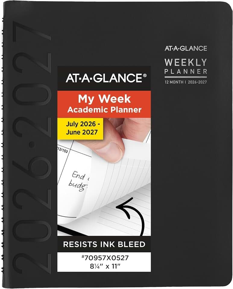 AT-A-GLANCE Planner 2026-2027 Weekly & Monthly Academic 12-Month July-June Half-Hourly Appointment Book, 8-1/4" x 11", Contemporary, Black (70957X05)