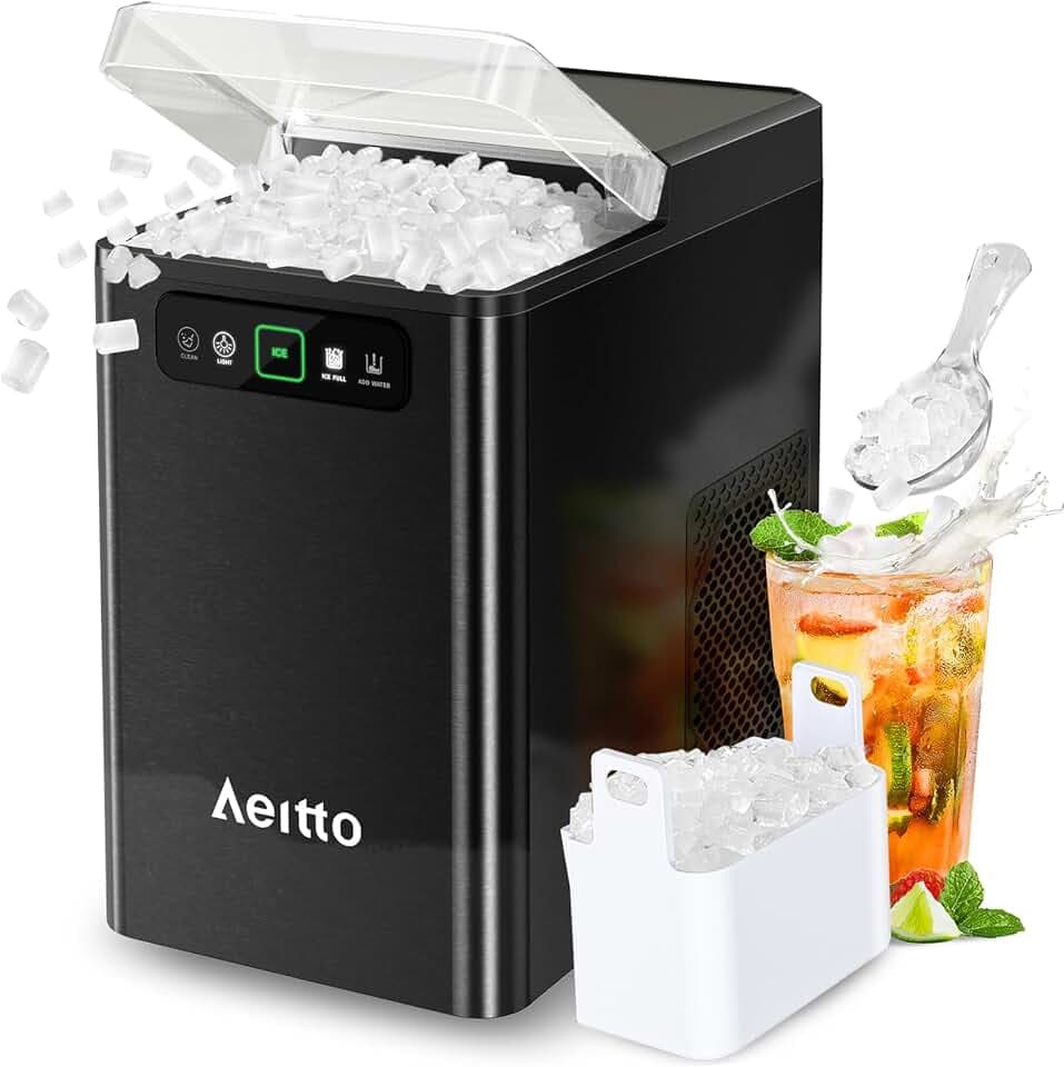 Aeitto Nugget Ice Maker Countertop, Pellet Ice Machine Soft Chewable Ice 40lbs/Day, One-Click Operation, Auto Self-Cleaning Crushed Ice Makers Stainless with Scoop for Home/Kitchen/Office (Black)