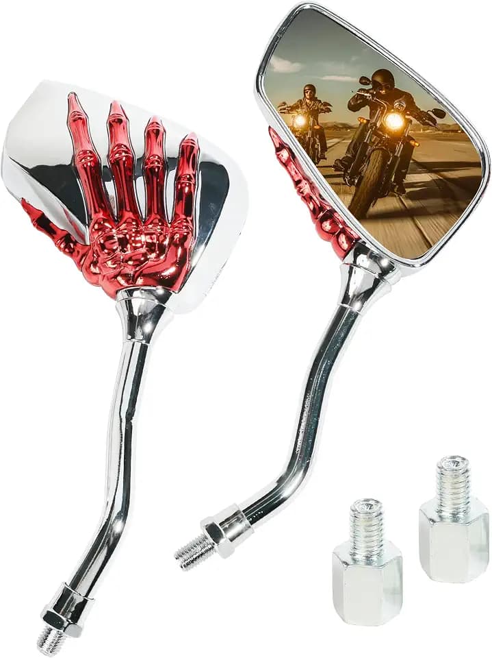 bylikeho Pairs of Motorcycle Mirrors,Universal 8mm 10mm Motorcycle Rear View Mirrors,Car Accessories Skull Skeleton Hand Bike Mirror,Rearview Side Mirror for Motorcycle Bike (Red)