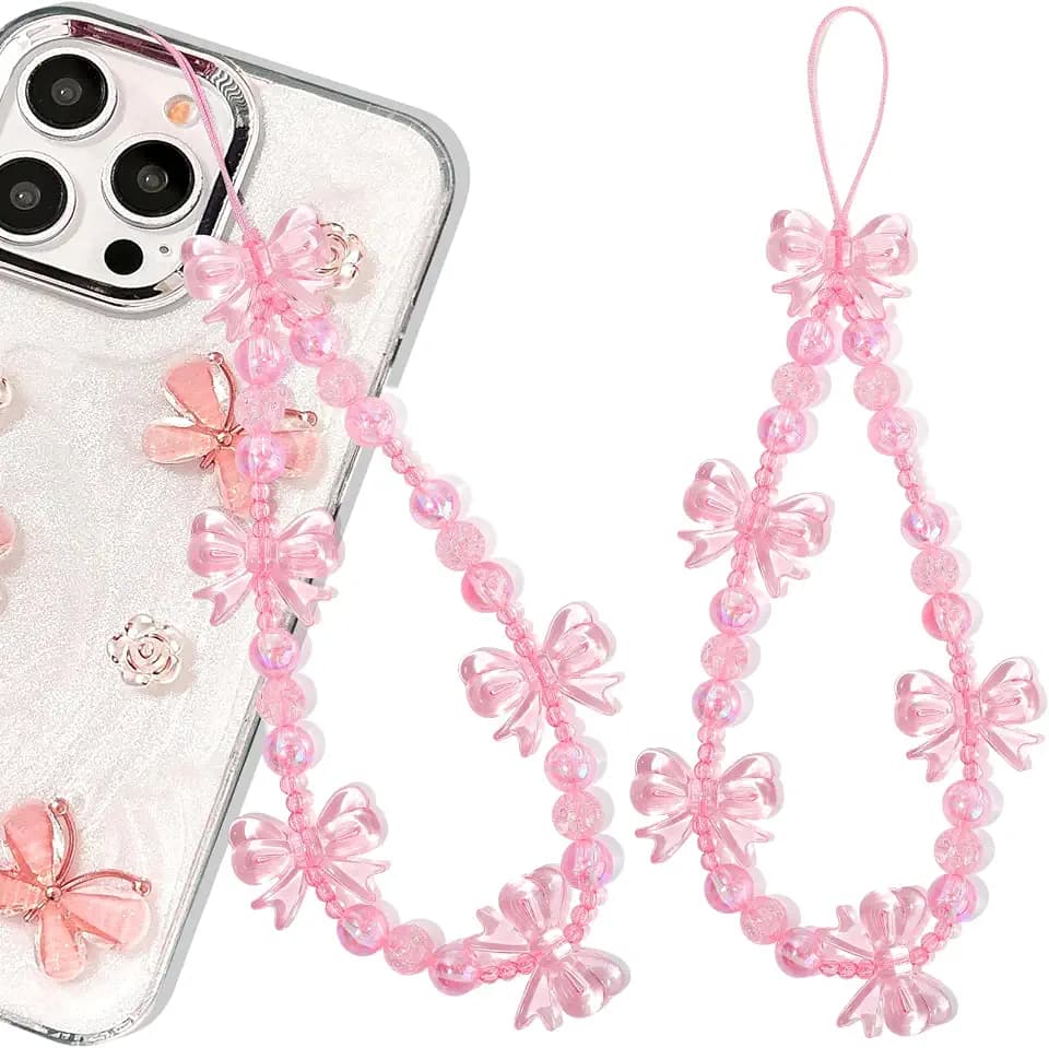 Phone Charms-1PC Iridescent Pink Bead Bow Charm Strap Universal Cellphone Lanyard Smartphone Chain String Charm for Phone Case Women(Pink Bow,1PC)