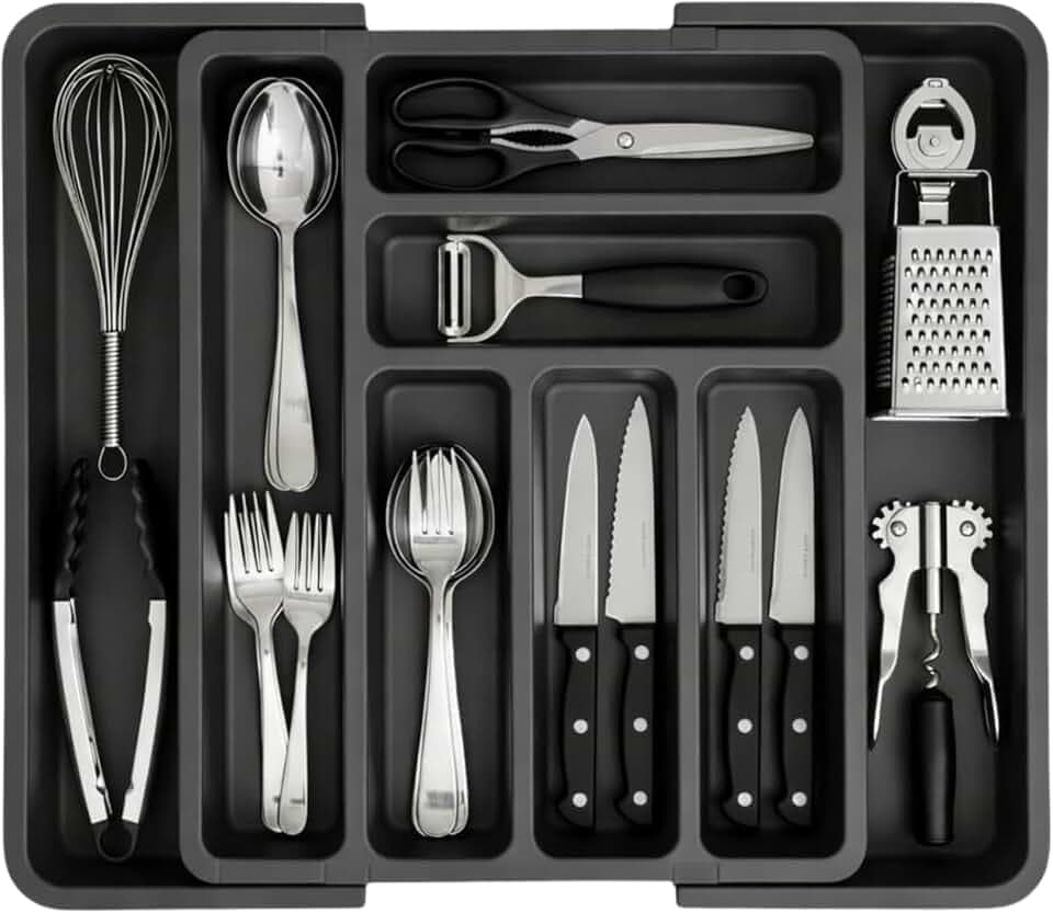 Edihome, Besteckkasten für Schubla, Besteckeinsatz für Schubladen, Küchenschubladen Organizer, erweiterbare Besteckschublade Einsatz, 6 bis 8 Fächern, no BPA, Küchenutensilien, Verstellbar (Grau)