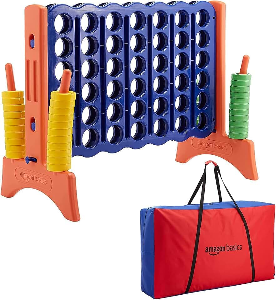 Amazon Basics Junior 4-to-Score Giant Premium Plastic Party Game for Kids & Adults, Indoor & Outdoor, BPA-Free with Carrying Bag, Blue, Yellow, Red, Green, Large