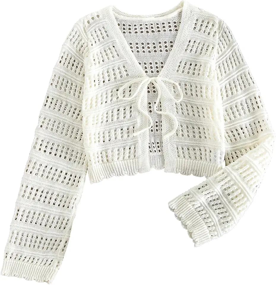 SHENHE Women's Boho Tie Front Crochet Knit Cardigan Crop Tops