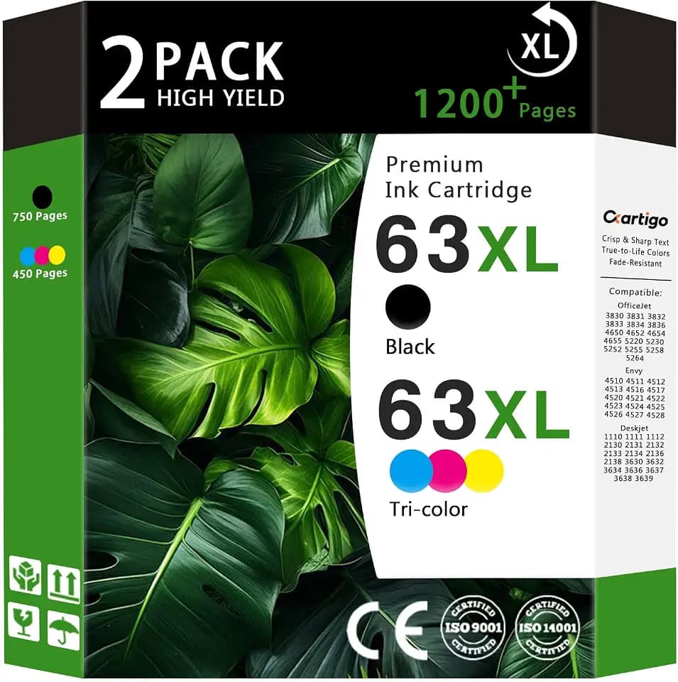 63XL High Yield Ink Cartridges Combo Pack Compatible for HP 63XL 63 Replacement for HP Envy 4510 4511 4512 OfficeJet 3830 3831 3832 Deskjet 1110 1111 2130 Series Printers(1 Black/1 Tri-Color 2-Pack)