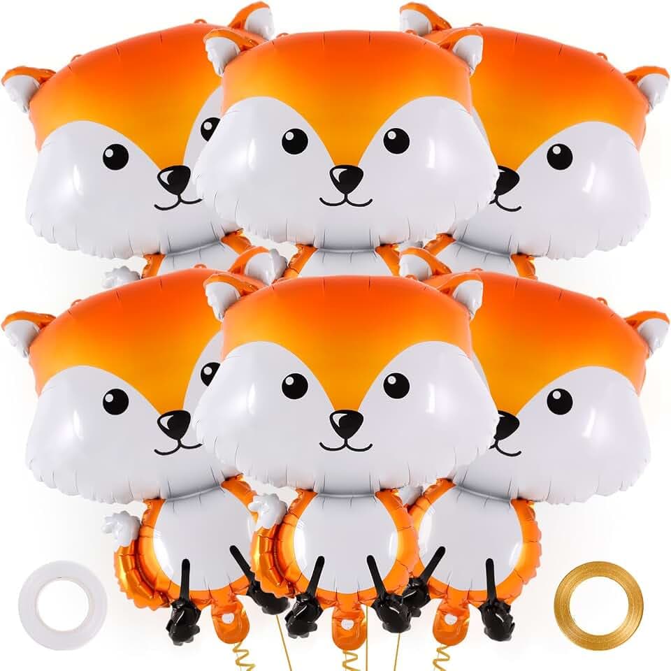 AIQINHU Fox Balloons, 6 Pcs Cute Fox Foil Balloons, Orange and White, Round, Animal Themed, Party Decoration, Children, Unisex