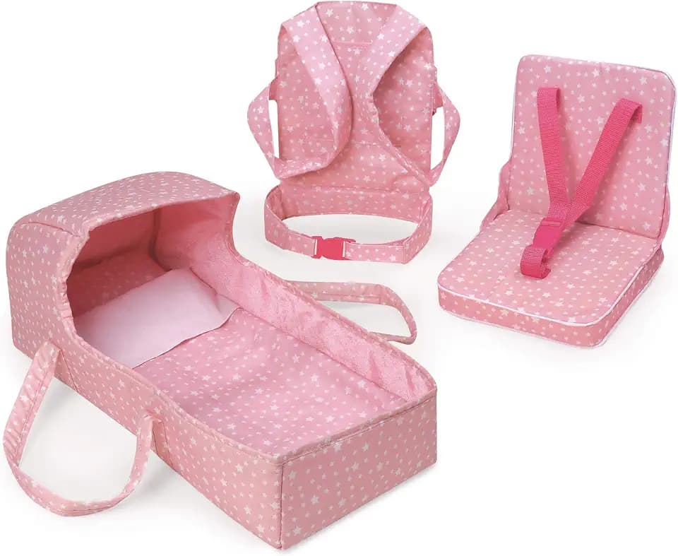 Badger Basket First Class 5-Piece Doll Travel Set for 18-Inch Dolls – Includes Travel Bed, Carrier, Reversible Blanket, and Accessories in Pink Stars Design