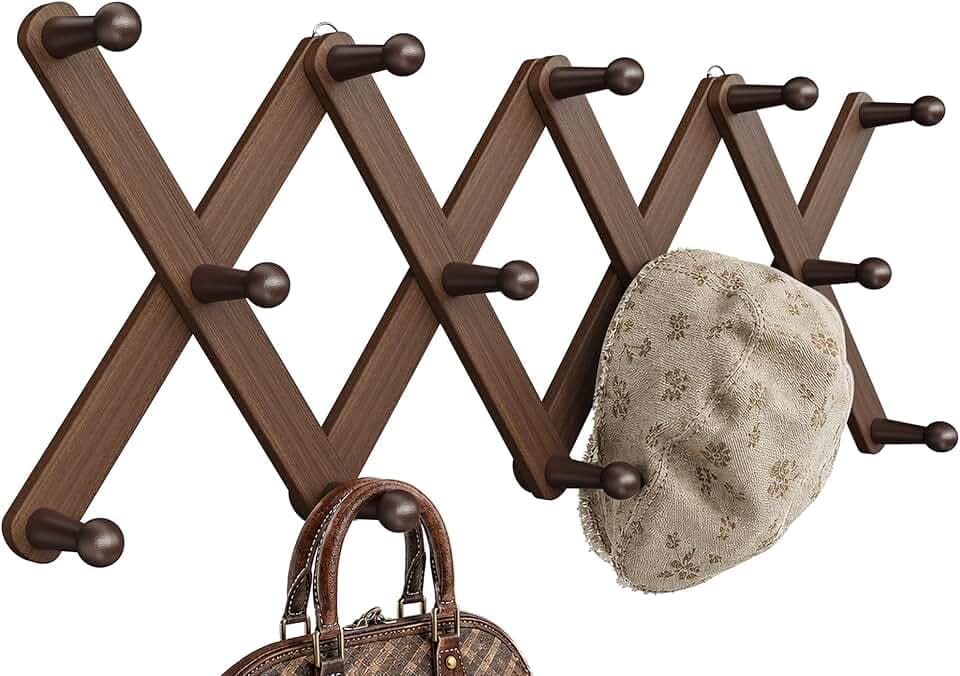 Accordion Wall Hanger, Hat Rack for Wall with 14 Coat Hooks, Expandable Hat Hangers Organizer, Vintage Decorative Coat Rack Wall Mount for Purse, Mug (Brown)