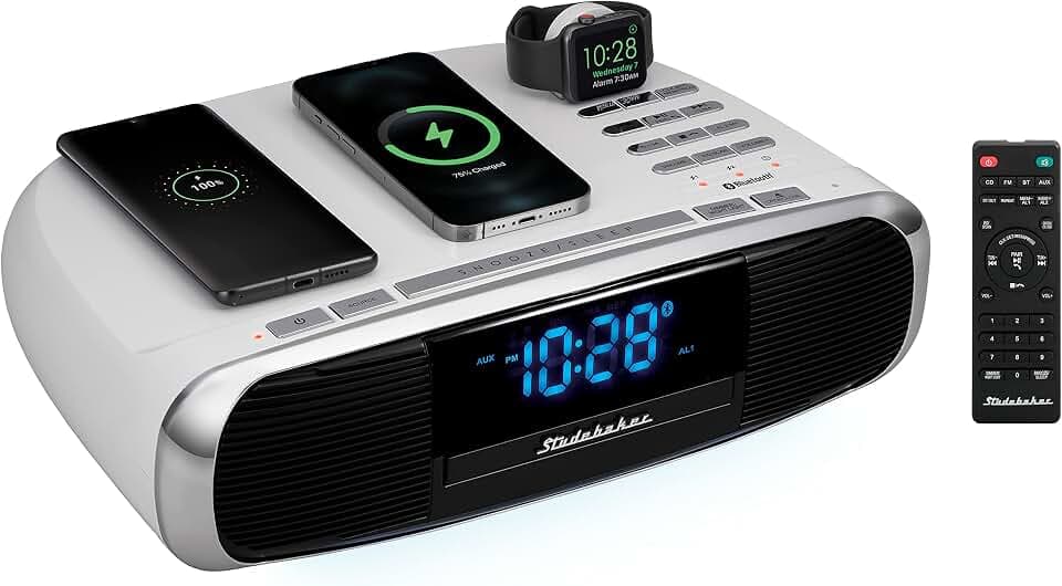 Studebaker Workstaton HiFi Music System with Bluetooth, FM Radio, CD, and Qi Wireless Charging Station (White)