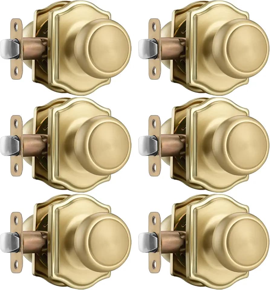 6 Pack Gold Door Knobs for Hall, Coastal Knob with Camelot Trim