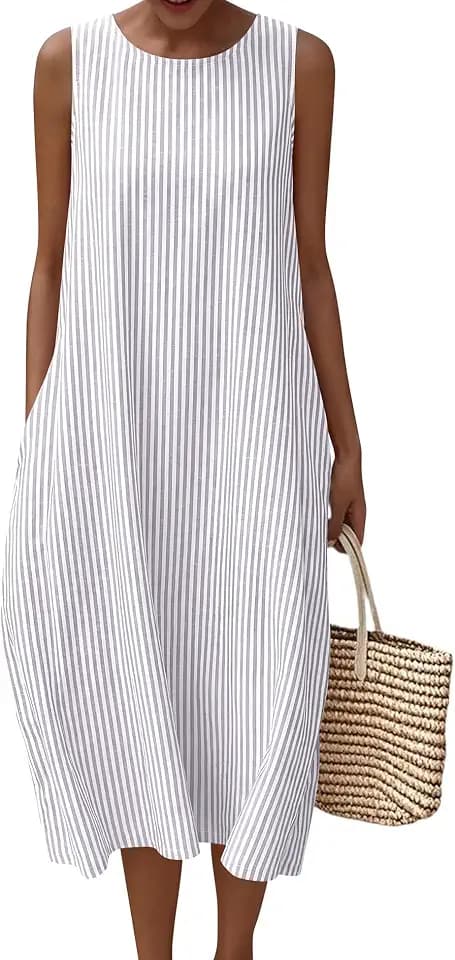 LOMON Womens Summer Sleeveless Dress Cotton Gingham Striped with Pockets