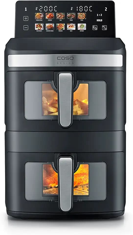 CASO AirFry Duo Tower, Doppel-Heißluftfritteuse, AirFryer, 12,4L (2x 6,2 L) vertikal, individuell einstellbar, 40-200°C, PFAS‑freie Keramikbeschichtung, spülmaschinengeeignet, 10 Programme