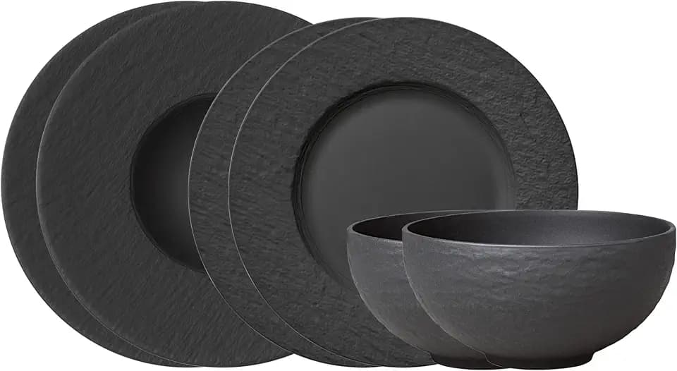 Villeroy & Boch – Manufacture Rock Starter-Set 6 teilig schwarz, Spülmaschinenfest, Mikrowellensicher, Geschirr Set Schwarz Matt, Tafelservice, Essgeschirr, Premium Porzellan