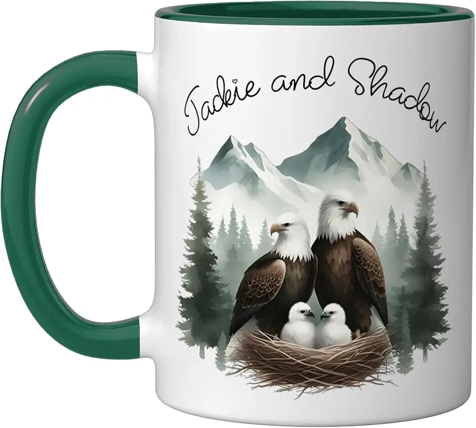 Jackie and Shadow Bald Eagles Family Watercolor Ceramic Mug, Dark Green/White, 11oz